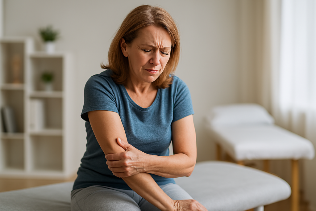 Femme ressentant une douleur aiguë au bras, potentiellement liée à une inflammation ou à une pathologie articulaire, en attente de traitement.