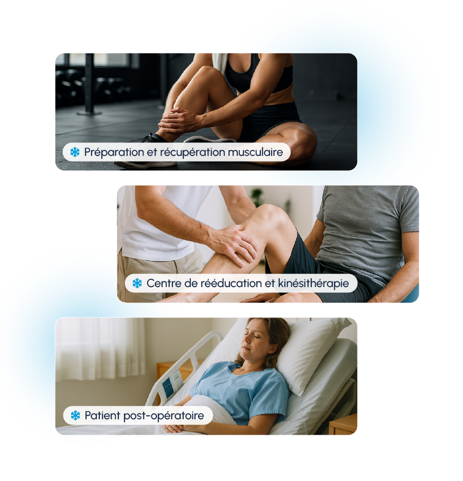 Trois images illustrant les applications de la cryothérapie Kicmed : sportive en salle de sport, séance de kinésithérapie et patiente en chambre post-opératoire.